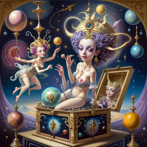 Prompt: (oil painting) a stunning masterpiece, (Renaissance), surreal depiction of the Goddess Nuit represented by a Jack-in-the-Box, intricately dressed, emerging from a beautifully designed box, (cosmic themes) sewing the seeds of the universe, embellishing the scene with vibrant planets and celestial bodies, breathtaking colors, whimsical atmosphere, elaborate details, ultra-detailed, 4K quality.