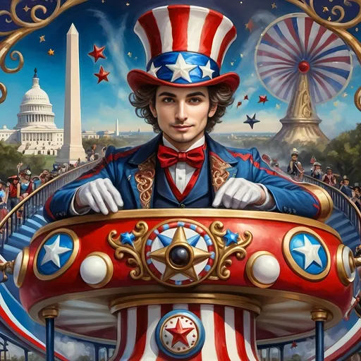 Prompt: (Acrylic painting of a magician man), wearing a (patriotic top hat), joyfully riding a (whimsical rollercoaster) in Liberty Park, with (HD details), vibrant colors, and enchanting motifs. The scene features the (Washington Monument) in the background, as well as the phrase (accurately spelled text "Yankee Doodle"). An aura of celebration and magic surrounds the image, honoring Nuit and the Aeon of Horus.