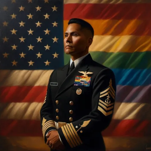 Prompt: a painting of a man in uniform in front of a flag and a flag of the united states of america, Arturo Rivera, american scene painting, masculine, a character portrait