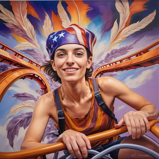 Prompt: A Seven Wonders Art Glass Studio masterpiece painting of a man in a patriotic hat riding Freedom rollercoaster in D. C.’s new amusement park named Freedom Park.  Honoring Nuit.