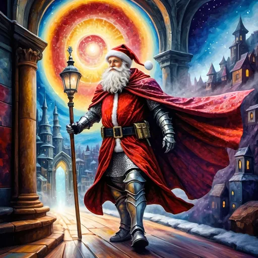 Prompt: (Edgy) oil painting of a knight dressed as Santa Claus (in honor of Nuit), dynamic vibrant colors, dark city background illuminated by a glowing light, flowing red cape, whimsical and surrealistic vibe, imaginative playfulness, influences of Ernest William Christmas, epic fantasy character art, vibrant psychedelic style, ultra-detailed texture, concept art composition, high-quality masterpiece, artistic themes of juxtaposition, drama, and enchantment.