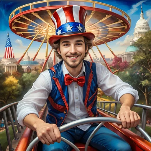 Prompt: (A Seven Wonders Art Glass Studio masterpiece) painting of a man wearing a patriotic hat, (thrilling pose) riding the Freedom rollercoaster, (vibrant colors), scenic background of Freedom Park in D.C., (dynamic movement), celebrating freedom, eternal spark of joy, whimsical ambiance, soft warm lighting, highly detailed, clarity, engaging and joyful atmosphere, surrounded by delighted visitors, landmarks in the distance.