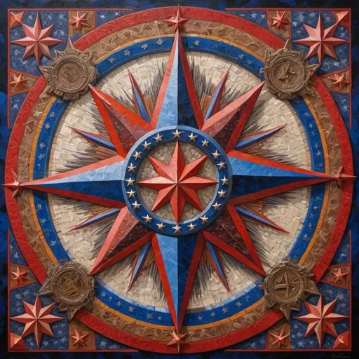 Prompt: (detailed painting), (symbolic star), vibrant colors of the United States, intricate symbols representing America, rich textures, depth in colors, blend of traditional and modern regionalism themes, expressing unity and diversity, profound visual storytelling, captures the essence of American identity, ultra-detailed, a masterpiece celebrating the spirit of the nation.