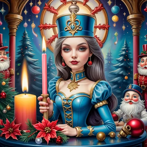 Prompt: (psychedelic nutcracker) with (vibrant color scheme), intricate candle and candle holder in front, surrounded by (Christmas decorations), inspired by (Anne Stokes), (pop surrealism) style, extremely detailed (oil painting), showcasing an enchanting festive atmosphere, swirling colors, and whimsical elements, soft glowing light effects creating a joyful and magical ambiance, (highly artistic) airbrush techniques, (ultra-detailed) vivid imagery.