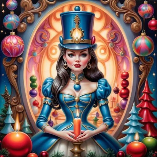 Prompt: (psychedelic nutcracker) with (vibrant color scheme), intricate candle and candle holder in front, surrounded by (Christmas decorations), inspired by (Anne Stokes), (pop surrealism) style, extremely detailed (oil painting), showcasing an enchanting festive atmosphere, swirling colors, and whimsical elements, soft glowing light effects creating a joyful and magical ambiance, (highly artistic) airbrush techniques, (ultra-detailed) vivid imagery.