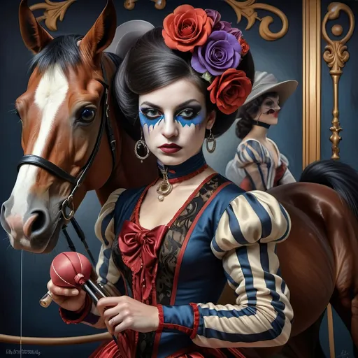 Prompt: A Seven Wonders Art Glass Studio portrait painting of a horse jockey and his horse at the Kentucky Derby.  Renaissance period with Art Deco style attire and style.   a painting honoring Nuit in colors of azure, gold, and purples.