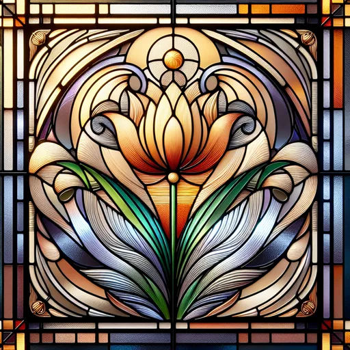 Prompt: (Art Deco tulip flower), detailed stained glass window design, central stem feature, (vibrant colors), capturing the essence of the Arts and Crafts movement, exquisite craftsmanship of Brothers Hildebrandt, modern Art Deco aesthetic, dynamic light play through glass, intricate patterns, high depth, 4K quality, elegant ambiance, artistic masterpiece.