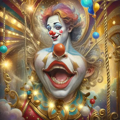 Prompt: Masterpiece painting of a magical clown genie, (surprised expression), riding a whimsical carousel adorned with vibrant colors and intricate details, soft shimmering lights illuminating the scene, (homage to Nuit), dreamy atmosphere, playful and enchanting mood, ultra-detailed, rich textures, surreal elements, background filled with shimmering stars and soft clouds, emphasizing wonder and imagination.