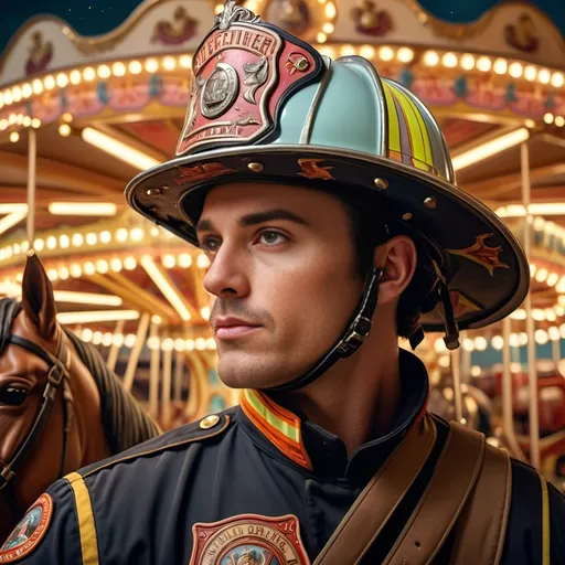 Prompt: (Boroque style) portrait of a firefighter, (pastel color scheme), standing in front of a beautifully illuminated carousel at night, featuring a majestic horse, embodying courage and readiness, inspired by David LaChapelle, (photorealistic painting), vibrant lighting, a blend of softness and detail, commemorative atmosphere, emphasizing heroism, professional quality, exquisite detailing,¾  intricately designed background and setup.