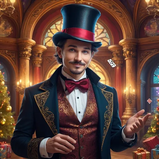 Prompt:  Christmas setting. (magician with top hat), (magical ambiance), intricate details, cheerful expression, (ultra-fine detailed digital painting), vibrant colors, dramatic lighting, Renaissance background with ornate architecture, whimsical elements, captivating aura, enchanting atmosphere, showcasing magical effects and sparkles, (4K), enchanting scene, visually stunning masterpiece.