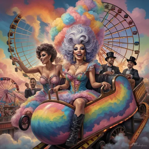 Prompt: (honoring nuit), a mesmerizing painting of colorful drag queens exuding joy and fabulousness while riding a roller coaster, vibrant (rainbow) painted on the side, a whimsical ferris wheel creating a festive atmosphere in the background, whimsical cotton candy clouds, (dynamic movement), warm pastel colors enhancing the lively scene, ultra-detailed, high-quality artwork capturing a celebratory ambiance.