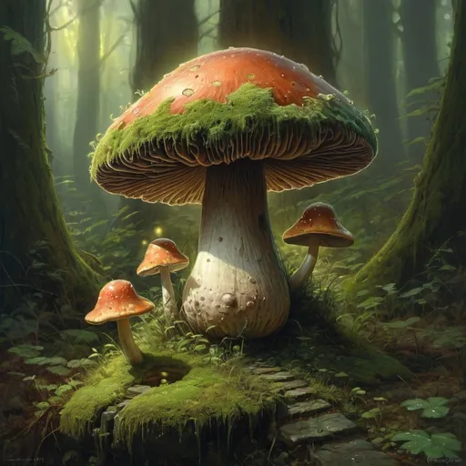 Prompt: a painting of a mushroom with a light shining on it's head and a green mossy base, Alejandro Burdisio, psychedelic art, highly detailed digital painting, a fine art painting