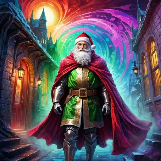 Prompt: (psychedelic art style), knight dressed as Santa Claus, honoring Nuit, dramatic lighting creating stark contrasts, vibrant colors like electric greens and deep magentas, dark city background shrouded in mystery, red cape fluttering in the wind, oil on canvas texture, highly detailed epic fantasy character art, Ernest William Christmas influence, immersive ambiance, captivating concept design, (ultra-detailed), a whimsical yet noble atmosphere.