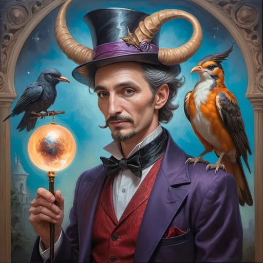 Prompt: A (captivating) oil painting depicting a (mysterious magician) with a (horned head), a (bird perched gracefully on his shoulder), holding a (beautifully crafted cane) and an (orb in his hand), beautifully capturing themes of (fantasy) and (transformation). Character portrait-style, influenced by (Clint Cearley's) signature artistry, with ethereal hues and (vivid detailing) honoring the legendary figures of (Pan and Nuit), set against a dreamy, (surreal background) that evokes wonder.