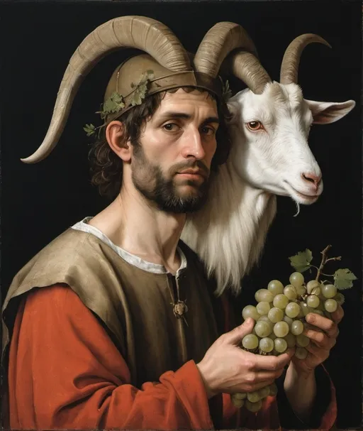 Prompt: a painting of a man with horns and a goat's head on his head, holding grapes and a branch, Dieric Bouts, neoclassicism, highly detailed oil painting, a fine art painting