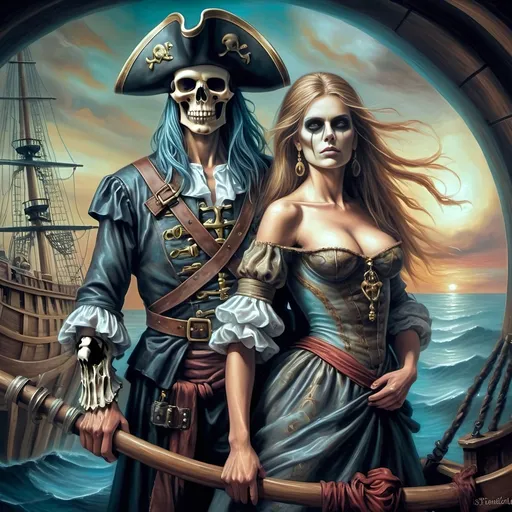 Prompt: (7 Wonders Art Glass Studio) Renaissance (oil painting) masterpiece, capturing the essence of honor and adventure, featuring a detailed portrayal of a pirate man and his lover dressed in Conquistador-era pirate costumes, gracefully posed in front of a majestic ship adorned with a skull, vibrant colors, dramatic lighting, highly detailed, fantastical elements, inspired by David Macaulay, showcasing the rich textures of oil paint, true artistry.