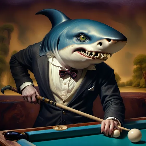 Prompt: (shark in a suit, playing pool), fine art, (pop surrealism) influences, classical painting style, whimsical atmosphere, (detailed textures), vibrant color tones, deep blues and greens, mixed with rich burgundies, engaging composition, pool cues and balls (surreal twist), intricately painted background with elements of artistry, 4K quality, (evocative mood), inspired by 7 Wonders Art Glass Studio, honoring Nuit.