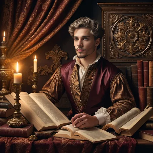 Prompt: Baroque-style portrait, (detailed facial features), (expressive eyes), (elegant attire), rich textures, warm amber and deep burgundy tones, soft dramatic lighting, ornate background of books and scholarly objects, conveys wisdom and cultural significance, intricate details, historical atmosphere, ultra-detailed, high quality, captivating expression.