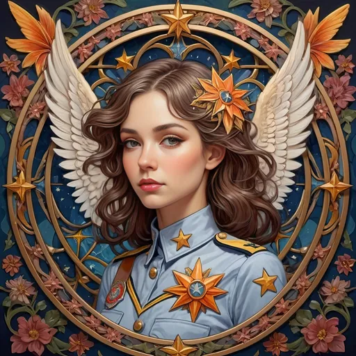 Prompt: (woman in uniform with wings), (star on chest), intricate star circular frame, (art nouveau style), character portrait, vibrant colors, detailed background, floral motifs surrounding, elegant design, delicate lines, high quality, ultra-detailed, captivating expression, mood of empowerment and grace, inspired by Aaron Jasinski's signature style.