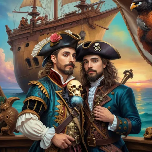 Prompt: (Renaissance oil painting "Honoring Nuit"), A highly detailed image of a pirate man and his lover dressed in ornate pirate costumes of the Conquistador period, dramatically posed together in front of a majestic ship adorned with a skull, lush vibrant colors, rich textures, mystical atmosphere, cinematic depth, featuring intricate backgrounds, a beautiful sunset sky, 4K, fantasy art influence, captures the essence of adventure and romance within this oil painted masterpiece.