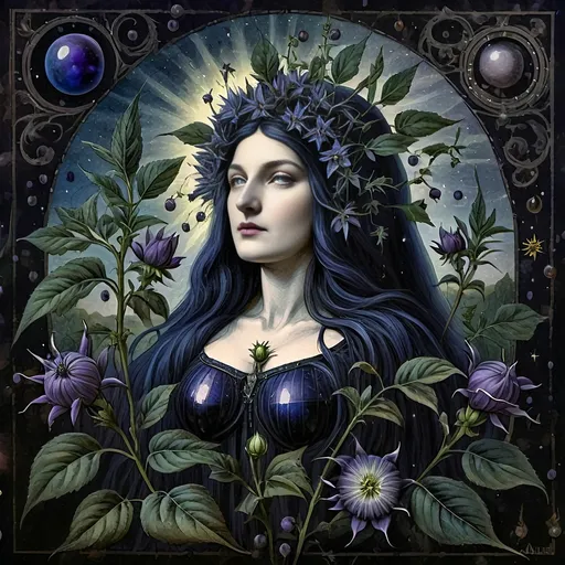 Prompt: a 7 Wonders Art Glass Studio Renaissance Period Art oil painting of a woman goddess (honoring the Goddess Nuit) with long hair and a sun (her companion) in the background, surrounded by flowers and leaves, Amanda Sage, fantasy art, autumn, a fine art painting