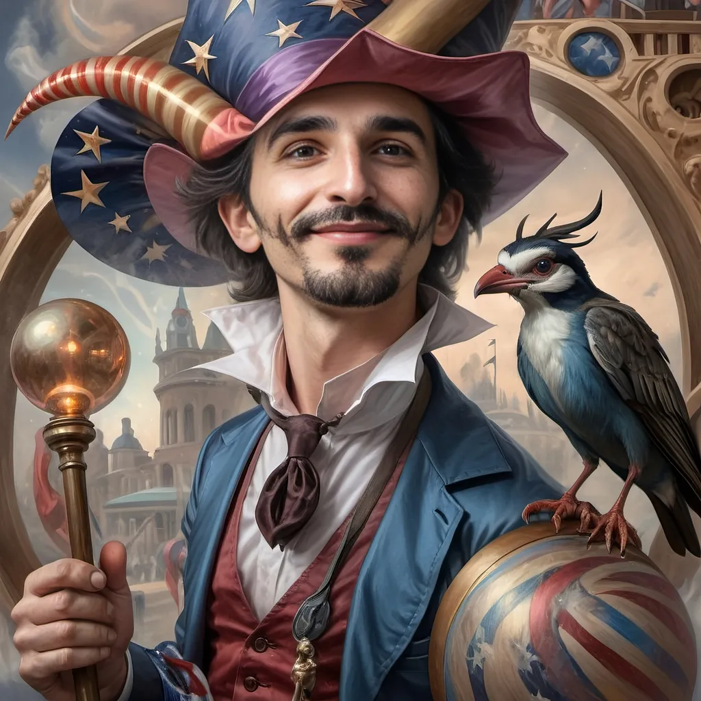 Prompt: A (captivating) oil painting depicting a (mysterious magician) with a (horned head), a (bird perched gracefully on his shoulder), holding a (beautifully crafted cane) and an (orb in his hand), beautifully capturing themes of (fantasy) and (transformation). Character portrait-style, influenced by (Clint Cearley's) signature artistry, with ethereal hues and (vivid detailing) honoring the legendary figures of (Pan and Nuit), set against a dreamy, (surreal background) that evokes wonder.