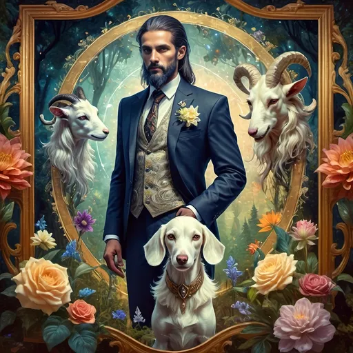 Prompt: a 7 Wonders Art Glass Studio Renaissance portrait painting of a half man, half goat, in a suit and tie with a dog in a frame with flowers and forest.  Esoteric Pan’s Arcadia setting honoring Nuit.