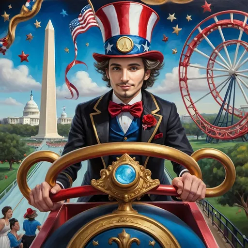 Prompt: (Acrylic painting of a magician man), wearing a (patriotic top hat), joyfully riding a (whimsical rollercoaster) in Liberty Park, with (HD details), vibrant colors, and enchanting motifs. The scene features the (Washington Monument) in the background, as well as the phrase (accurately spelled text "Yankee Doodle"). An aura of celebration and magic surrounds the image, honoring Nuit and the Aeon of Horus.