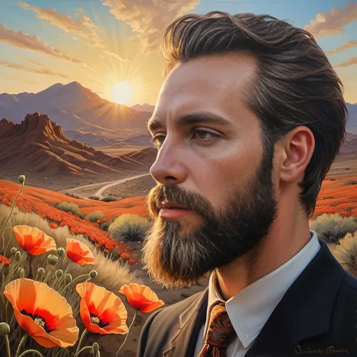 Prompt: A Seven Wonders Art Glass Studio portrait oil painting of a man with a beard in middle of Mojave Desert peak Poppy bloom season. Honoring Nuit