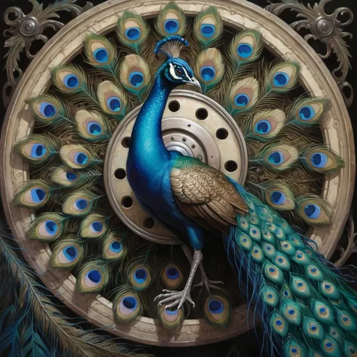 Prompt: a painting of a peacock with blue eyes and feathers on it's back, with a wheel in the foreground, Daniel Merriam, fantasy art, dark fantasy art, a detailed painting