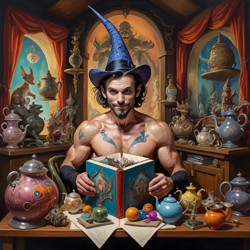 Prompt: (vibrant psychedelic still life), portrait of a magician jack-in-the-box man, surrounded by whimsical teapots and enchanting magical items, coming to life, playful ambiance, lively colors, an open book in front of him, surrealistic elements, dreamlike atmosphere, richly detailed background, (spectacular color gradients), ultra-detailed, eye-catching composition, high-quality artwork.