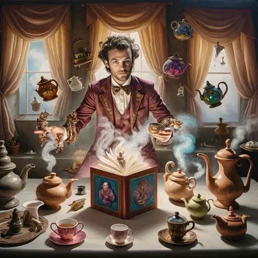 Prompt: (psychedelic still life portrait), a magician jack-in-the-box man, surrounded by (vibrant) teapots and enchanted magical items, items coming to life at a whimsical tea party, an open book exuding shimmering light in front of him, rich jewel tones, swirling patterns, otherworldly atmosphere, 4K, ultra-detailed, dreamlike ambiance.