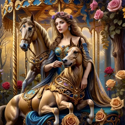 Prompt: Art Nouveau Carousel scene, (elegant woman with horse), (vibrant roses), soft pastel color scheme, (hues of gold and azure), romantic and whimsical atmosphere, detailed decorative elements, intricate designs, enchanting background featuring the (beautiful carousel), ethereal lighting, showcasing the beauty of Nuit, (ultra-detailed, 4K), dreamlike imagery blending nature and artistry.