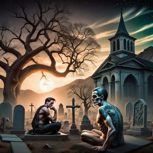 Prompt: A Seven Wonders Art Glass masterpiece painting honoring Nuit.  a man sitting on a grave in front of a graveyard with a tree and a church in the background, Dirk Crabeth, gothic art, western comic book art, a matte painting