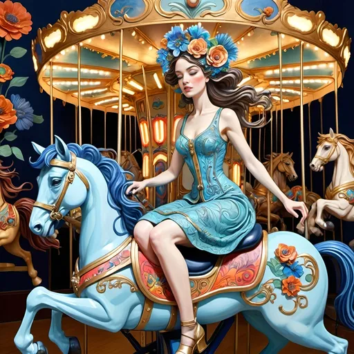 Prompt: Art Nouveau inspired (Carousel of Diversity), vibrant color scheme, a woman in a wheelchair joyfully riding a carousel adorned with horses, detailed figurative elements, blue flower in her hair, keys to a dystopian world, ornate patterns, fluid lines, brightly colored floral motifs, ultra-detailed, Caroline Chariot-Dayez inspired, captivating and whimsical atmosphere, rich textures, merging art deco and contemporary sculpture styles.