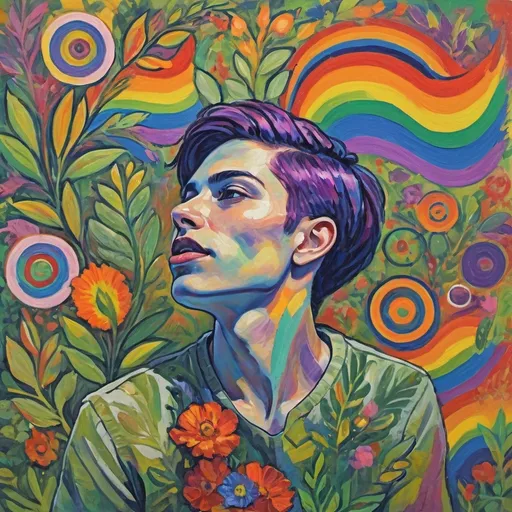 Prompt: Fauvist-style portrait, (genderqueer activist), vibrant colors, dynamic energy, expressive brush strokes, warm and cool contrasts, nature elements, bold and rich hues, advocating for environmental causes, surrounded by greenery, lively background, capturing passion and commitment, celebrating activism, modern art feel, ultra-detailed, high definition.