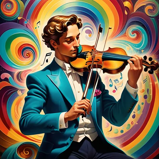 Prompt: (Hearing in Color), Art Deco style, vibrant color scheme, detailed male figure with a violin, surrounded by music-themed items, swirling rainbow in the background, renaissance still life elements, vibrant hues dancing throughout, dynamic harmony, cheerful ambiance, high depth cinematic masterpiece, ultra-detailed, evoking emotions of joy and creativity, portraying music as a vivid flow.