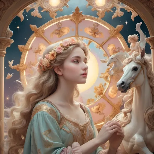 Prompt: (artstyle-renaissance), carousel of Humanity, (pastel color scheme), portrait of Apollo, celestial elements, influences of Nuit and Hadit, blending warmth of the sun, dynamic magic, ethereal atmosphere, whimsical details, soft lighting, intricate patterns, harmonious composition, high-quality, ultra-detailed, dreamy ambiance, romantic and enchanting.