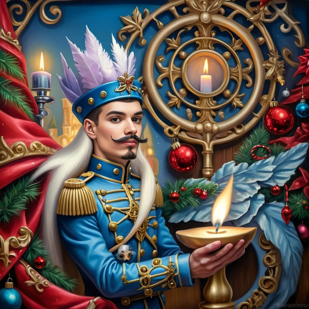 Prompt: a nutcracker with a candle and a candle holder in front of it, surrounded by christmas decorations, Anne Stokes, pop surrealism, extremely detailed oil painting, an airbrush painting