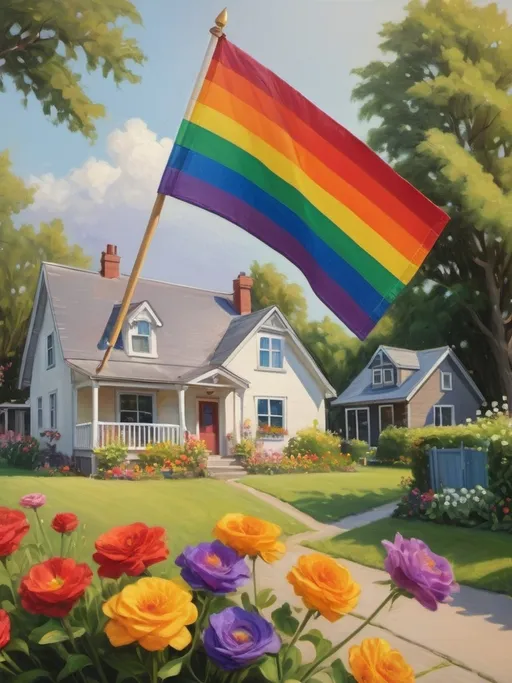 Prompt: Painting an ultrafine museum quality oil on canvas still life a rainbow flag flying in the background of a house and flowers in the foreground, with a house in the background, Anne Rigney, symbolism, summer vibrancy, a tilt shift photo