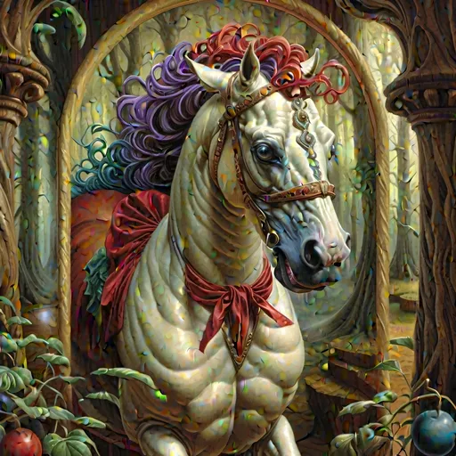 Prompt: A Seven Winders Art Glass Studio exquisite oil Renaissance and Art Nouveu painting of a horse in a forest with swirls and trees in the background and a swirly tree, Amanda Sage, fantasy art, intricate oil painting, an airbrush painting