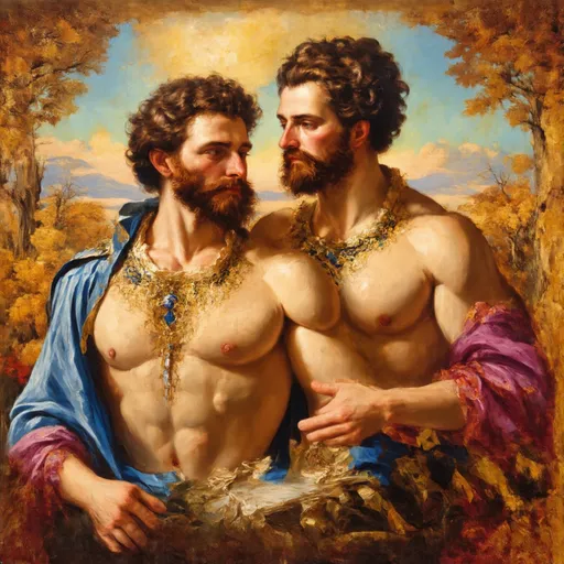 Prompt: A Seven Wonders Art Glass Studio commissioned portrait of male husbands celebrating wedding anniversary.  A masterpiece oil on canvas Renaissance Era painting of two men husbands with beards and chest hair, one wearing a blue and gold outfit honoring Nuit.  Commissioned Fall Equinox 1612 Land of Pan’s Arcadia, esoteric any mysterious scenery.