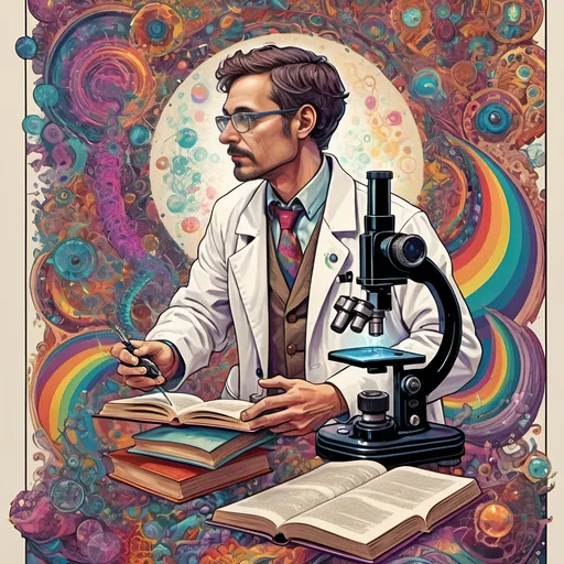 Prompt: (poster), (psychedelic art), gay scientist man, wearing a lab coat, holding a microscope and a book, vibrant colors, swirling patterns, abstract forms surrounding him, intricate details, mesmerizing visuals, science and knowledge theme, illuminated background, enchanting atmosphere, bold and dynamic composition, visually captivating, high-quality 4K, artistic masterpiece.