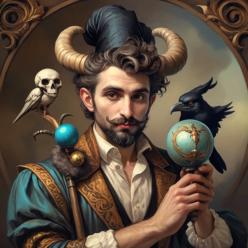 Prompt: (Renaissance still life), (man magician satyr), (dark color scheme), (elegant pose), (horns), holding a cane with skull orc, (crow perched on his shoulder), intricate details, moody ambiance, dim celestial lighting, rich textures, dramatic shadows, (stylized cane topped with a skull orb), ultra-detailed, high quality, evocative atmosphere.