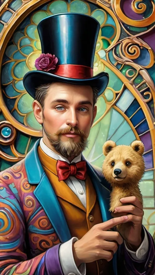 Prompt: Art nouveau painting of a (magician riding a cart shaped like a cub bear), vibrant color scheme, (hallucinogenic swirls) and (patterns), whimsical amusement park ambiance, (constructed from stained glass and porcelain), richly detailed textures, (dreamlike atmosphere), enchanting backdrop filled with colorful attractions, captivating light play, ultra-detailed, imaginative masterpiece.