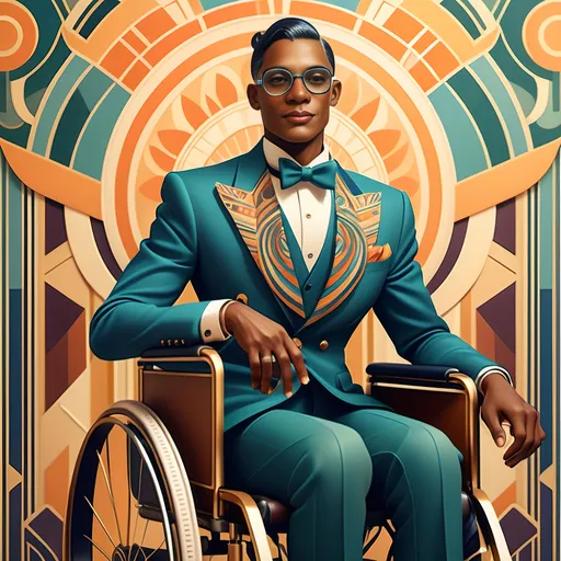 Prompt: Art Deco style, (vibrant colors), elegant patterns, a gay man in a stylish wheelchair, embodiment of diversity and inclusion, rich geometric shapes, intricate details, vintage aesthetics, luxurious backgrounds, opulent textures, celebration of individuality, atmosphere of triumph and pride, (highly detailed), showcasing resilience and joy in an Art Deco environment.