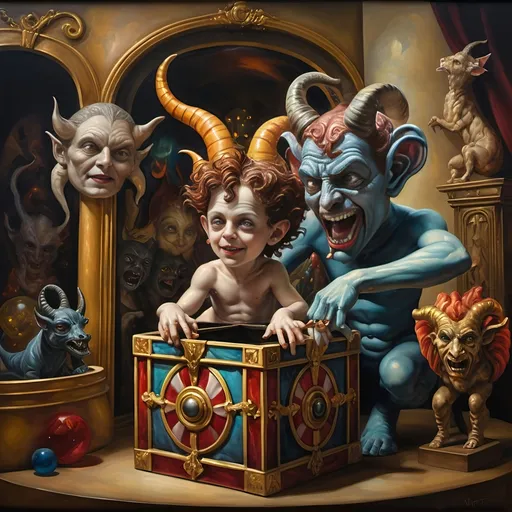 Prompt: (7 Wonders Art Glass Studio), (oil painting), demons as jack-in-the-boxes, circus setting, (highly detailed), (ultra-fine details), esoteric ambiance, dark and mysterious atmosphere, surreal colors, intricate textures, curiosity sparks, vivid contrasting shadows, ethereal lighting, artistically whimsical exhibits, hauntingly beautiful, capturing the essence of Nuit.