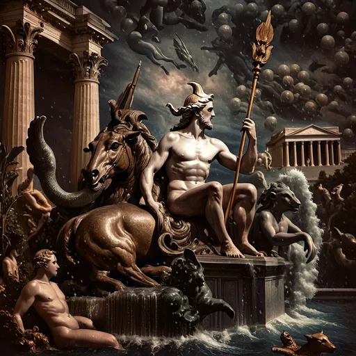 Prompt: Art Deco style painting, vibrant color scheme, (Court of Neptune, Library of Congress), a man riding a horse in water surrounded by various animals, majestic building in the background, inspired by Carel Willink, neoclassicism influences, cinematic matte painting, ultra-detailed, harmonizing warm and cool tones, ethereal atmosphere, striking contrasts, dynamic composition, whimsical yet majestic mood.