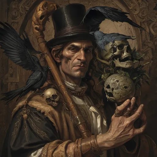 Prompt: (Renaissance still life) (man magician satyr), (dark color scheme), (elegant pose), intricately detailed horns, holding a cane topped with a (skull orb), a menacing (skull orc) at his side, a (crow) gracefully perched on his shoulder, rich textures, captivating shadows, high contrast highlights, evoking a sense of mystical allure, enhanced with (ultra-detailed) features, atmospheric depth and somber elegance.