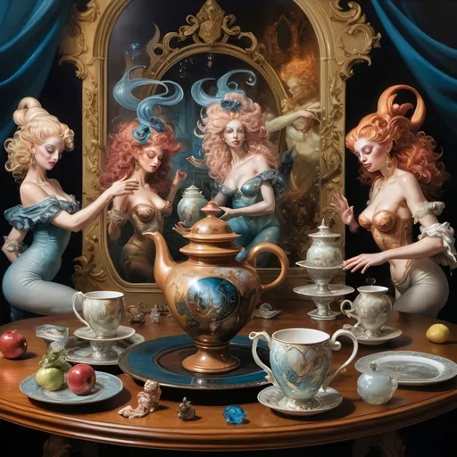 Prompt: (Honoring Nuit) A 7 Wonders Art Glass Studio painting of magical nymphs dancing on a table with a vase, plates, and other items on it, including a teapot, saucer, and cup, Daniel Merriam, rococo, highly detailed oil painting, a flemish Baroque